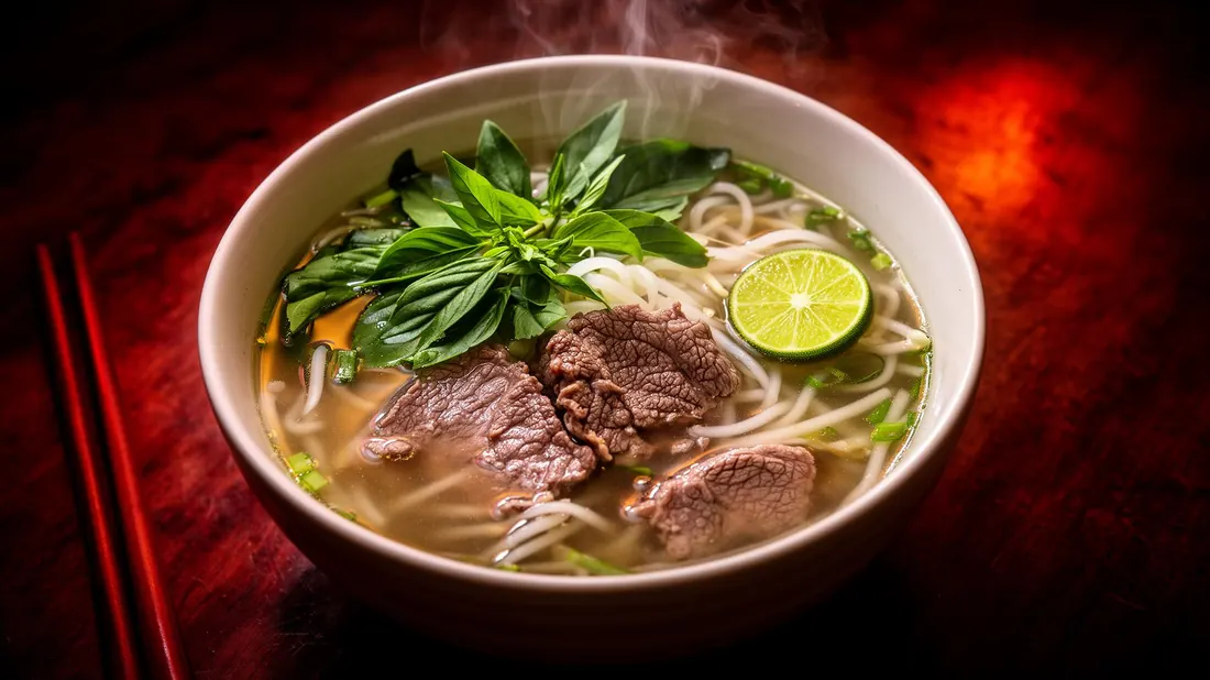 Bol de pho fumant aux herbes fraîches