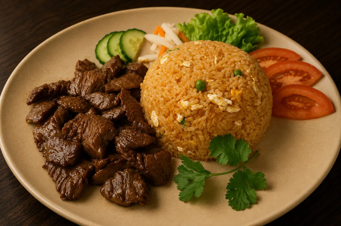 Loc Lac au bœuf servi avec riz sauce tomate
